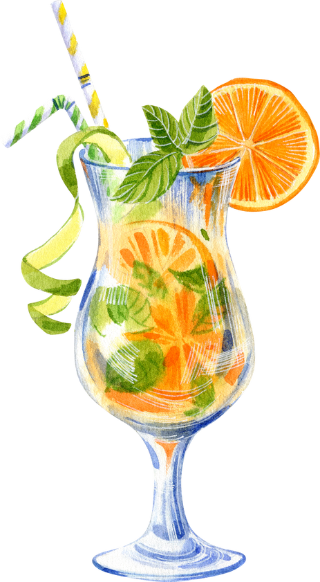 Watercolor illustration with bright summer coctail